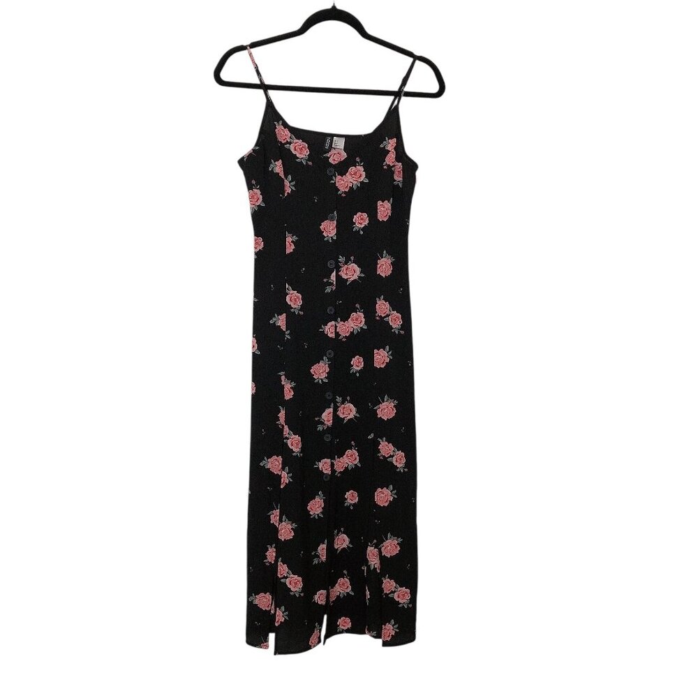 H&M Divided Black Pink Floral V-neck Spaghetti Straps Midi Dress 6